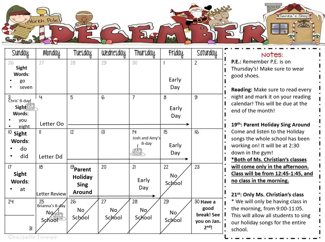 Calendar - Ms. Christian's Kindergarten!!